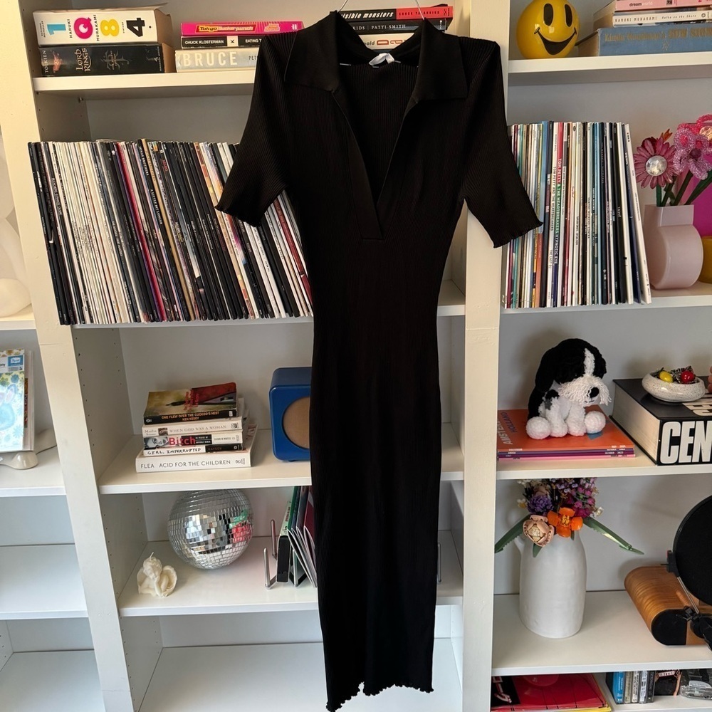 Good American Black Ribbed Short Sleeve Polo Stretch Knit Sweater Midi Dress - Picture 3 of 6